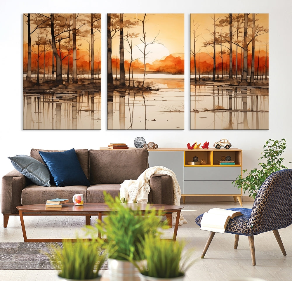 Serene Sunset Landscape Canvas Print Watercolor Painting Forest Nature Wall Art