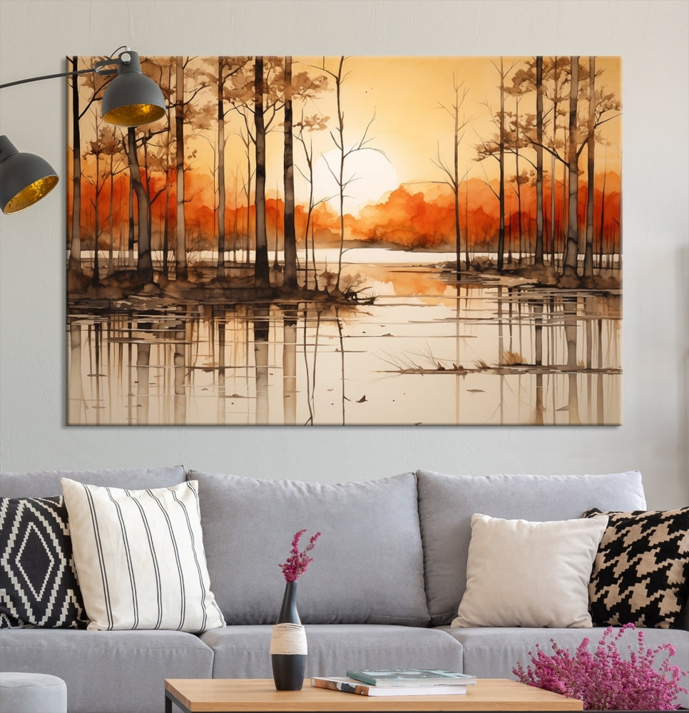 Serene Sunset Landscape Canvas Print Watercolor Painting Forest Nature Wall Art