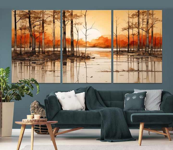 Serene Sunset Landscape Canvas Print Watercolor Painting Forest Nature Wall Art