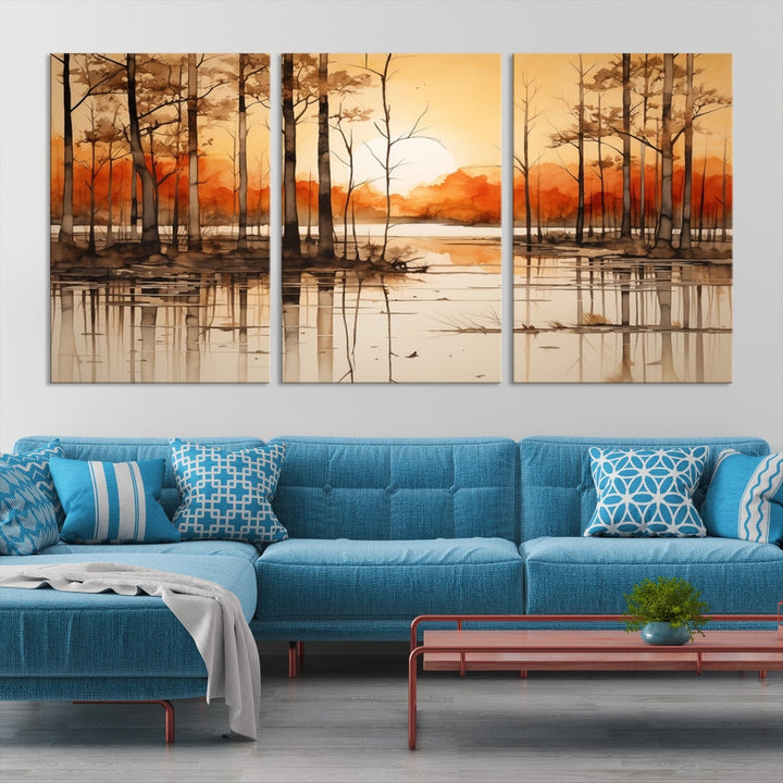 Serene Sunset Landscape Canvas Print Watercolor Painting Forest Nature Wall Art