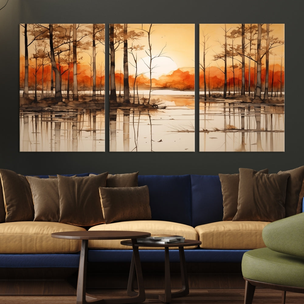 Serene Sunset Landscape Canvas Print Watercolor Painting Forest Nature Wall Art