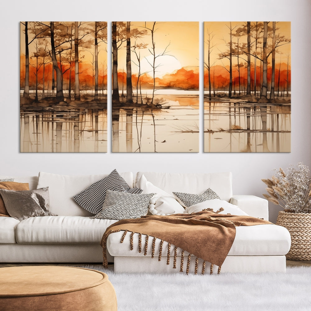 Serene Sunset Landscape Canvas Print Watercolor Painting Forest Nature Wall Art