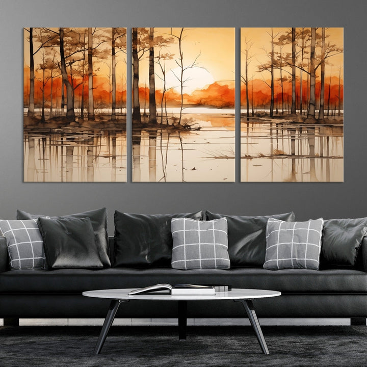 Serene Sunset Landscape Canvas Print Watercolor Painting Forest Nature Wall Art