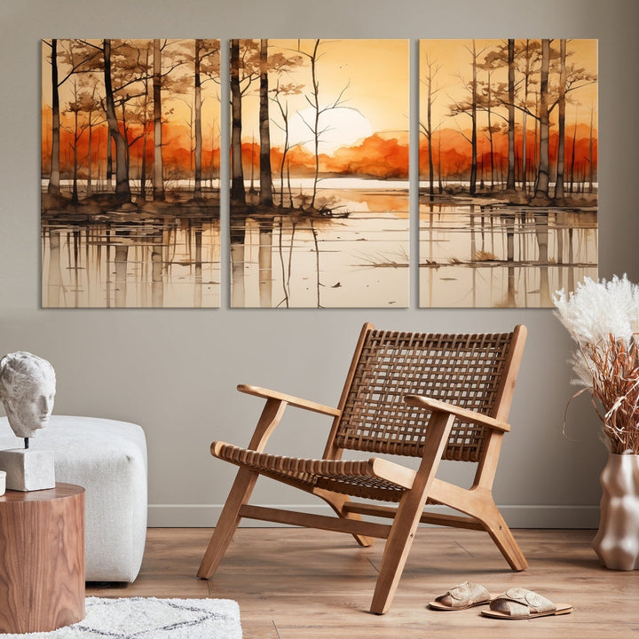 Serene Sunset Landscape Canvas Print Watercolor Painting Forest Nature Wall Art