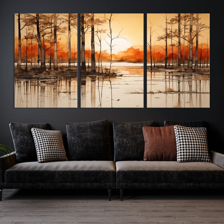 Serene Sunset Landscape Canvas Print Watercolor Painting Forest Nature Wall Art