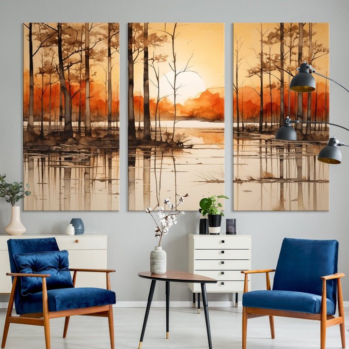 Serene Sunset Landscape Canvas Print Watercolor Painting Forest Nature Wall Art