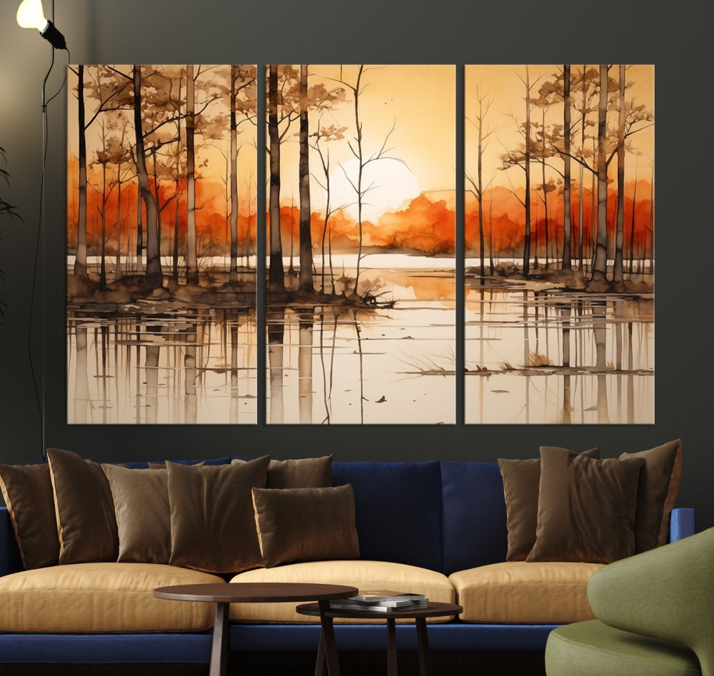 Serene Sunset Landscape Canvas Print Watercolor Painting Forest Nature Wall Art