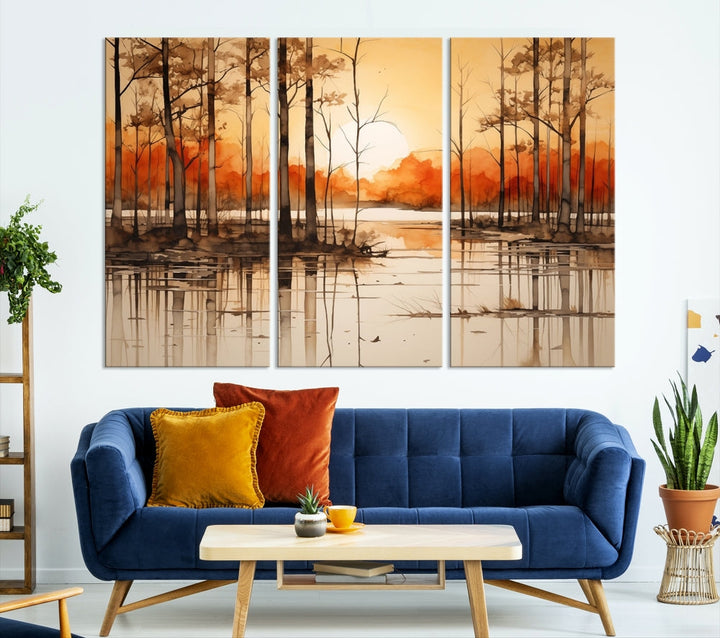 Serene Sunset Landscape Canvas Print Watercolor Painting Forest Nature Wall Art