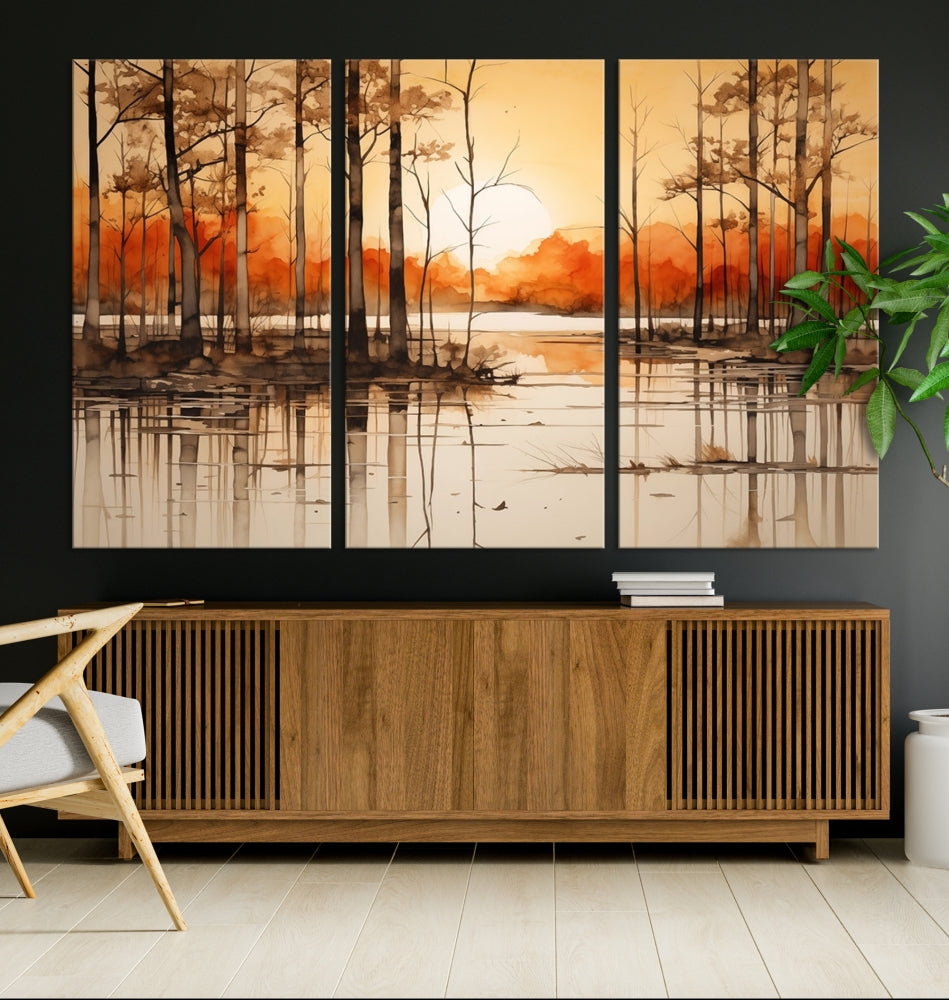 Serene Sunset Landscape Canvas Print Watercolor Painting Forest Nature Wall Art