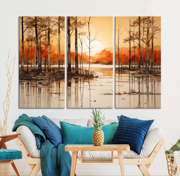 Serene Sunset Landscape Canvas Print Watercolor Painting Forest Nature Wall Art