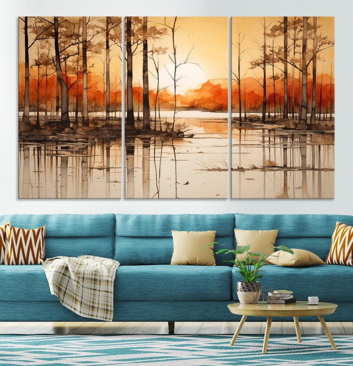 Serene Sunset Landscape Canvas Print Watercolor Painting Forest Nature Wall Art