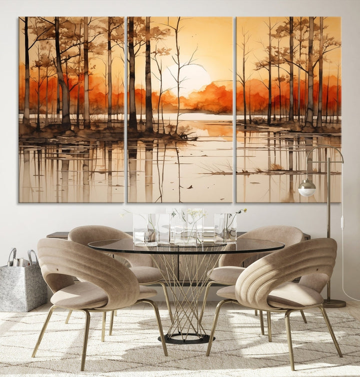 Serene Sunset Landscape Canvas Print Watercolor Painting Forest Nature Wall Art