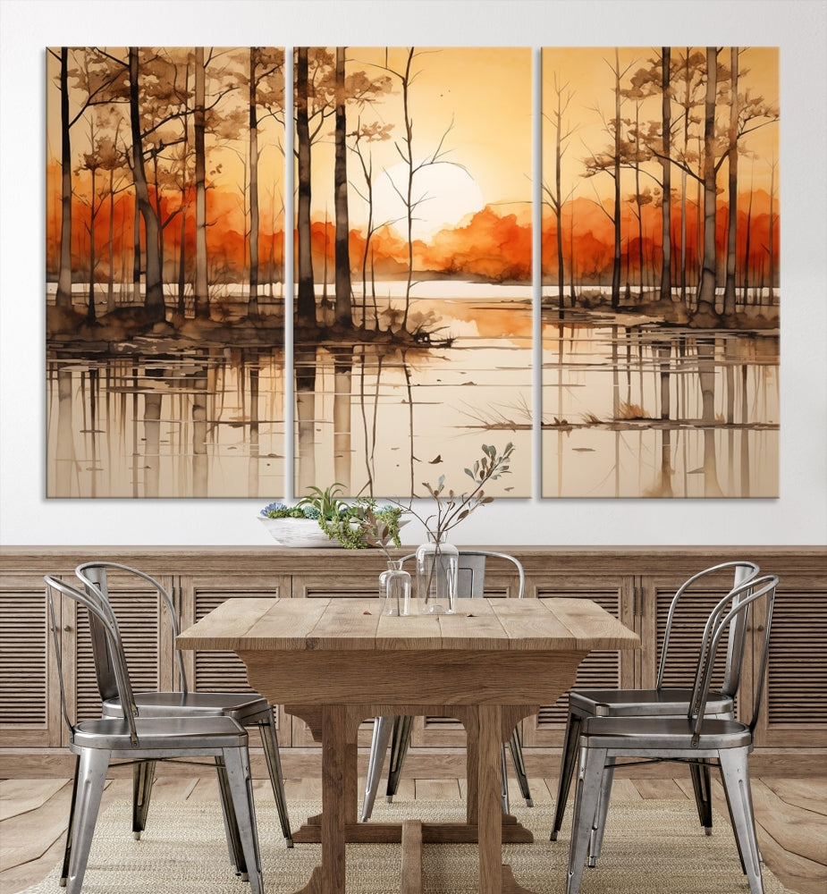 Serene Sunset Landscape Canvas Print Watercolor Painting Forest Nature Wall Art