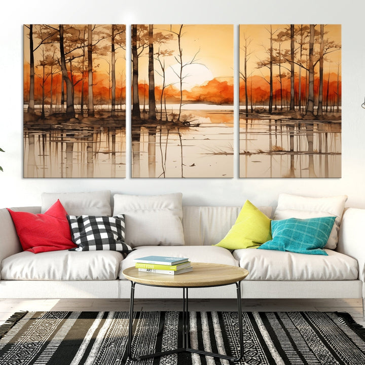 Serene Sunset Landscape Canvas Print Watercolor Painting Forest Nature Wall Art