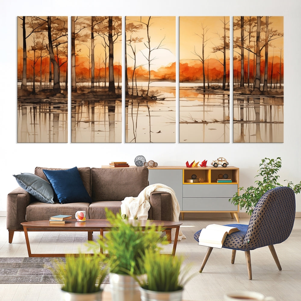 Serene Sunset Landscape Canvas Print Watercolor Painting Forest Nature Wall Art