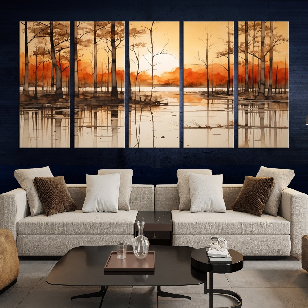 Serene Sunset Landscape Canvas Print Watercolor Painting Forest Nature Wall Art