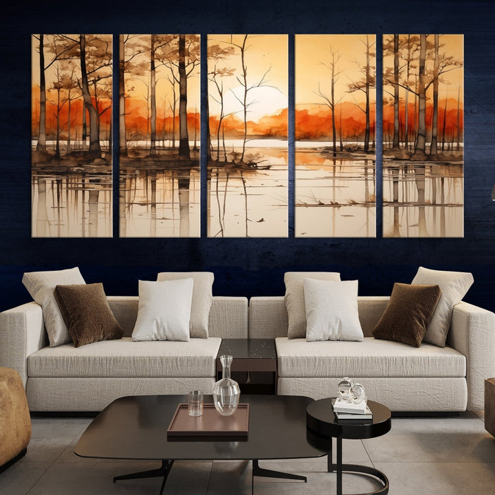 Serene Sunset Landscape Canvas Print Watercolor Painting Forest Nature Wall Art