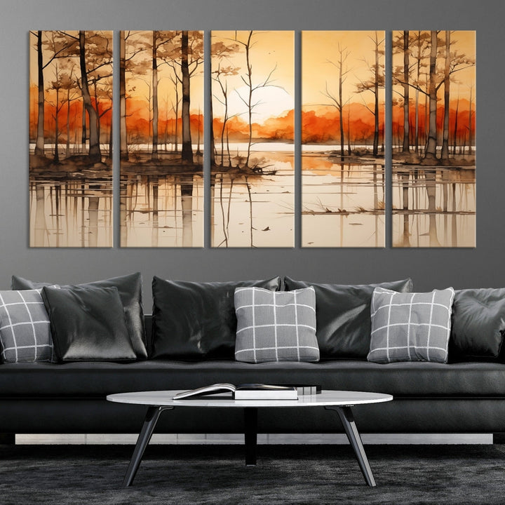 Serene Sunset Landscape Canvas Print Watercolor Painting Forest Nature Wall Art