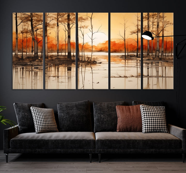 Serene Sunset Landscape Canvas Print Watercolor Painting Forest Nature Wall Art