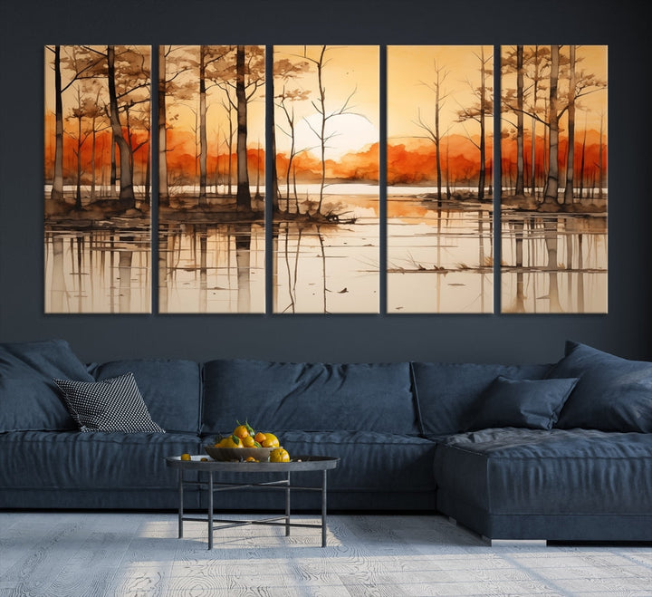 Serene Sunset Landscape Canvas Print Watercolor Painting Forest Nature Wall Art