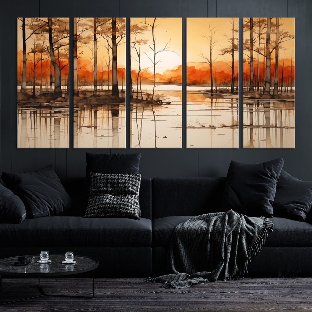 Serene Sunset Landscape Canvas Print Watercolor Painting Forest Nature Wall Art