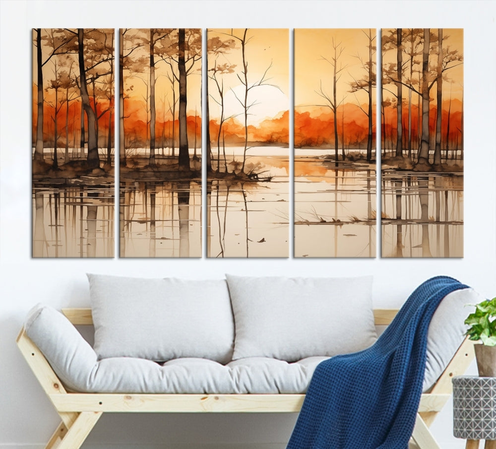 Serene Sunset Landscape Canvas Print Watercolor Painting Forest Nature Wall Art