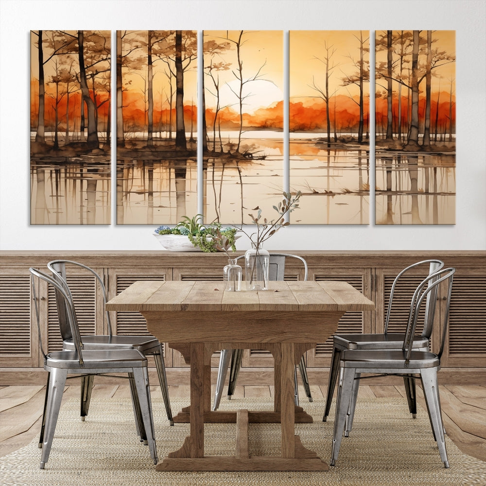 Serene Sunset Landscape Canvas Print Watercolor Painting Forest Nature Wall Art