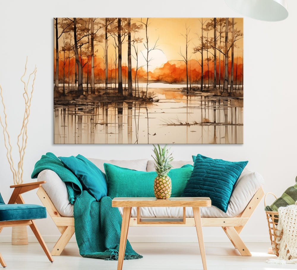 Serene Sunset Landscape Canvas Print Watercolor Painting Forest Nature Wall Art