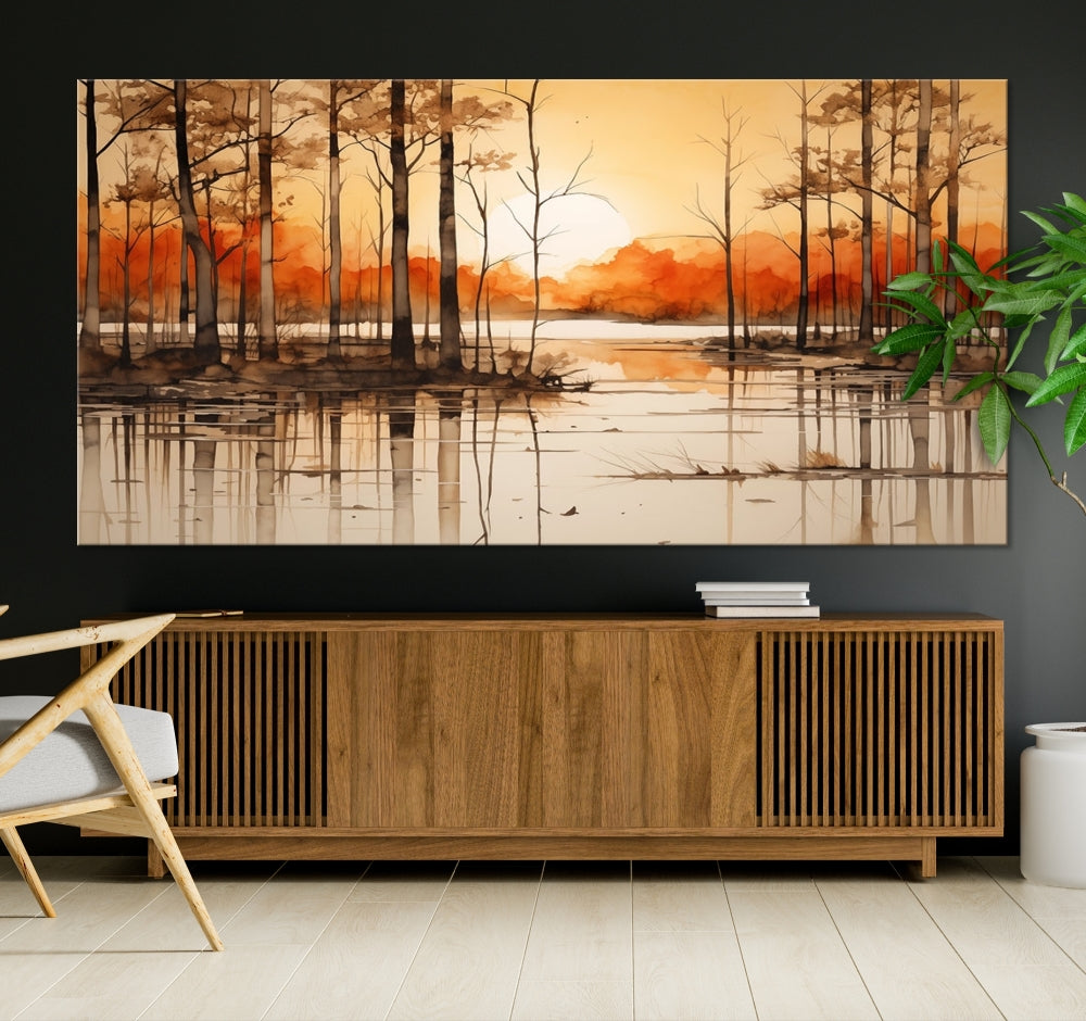 Serene Sunset Landscape Canvas Print Watercolor Painting Forest Nature Wall Art