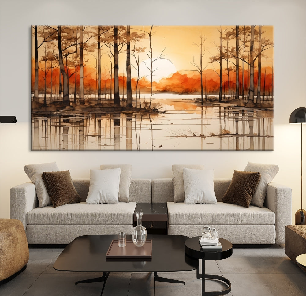 Serene Sunset Landscape Canvas Print Watercolor Painting Forest Nature Wall Art