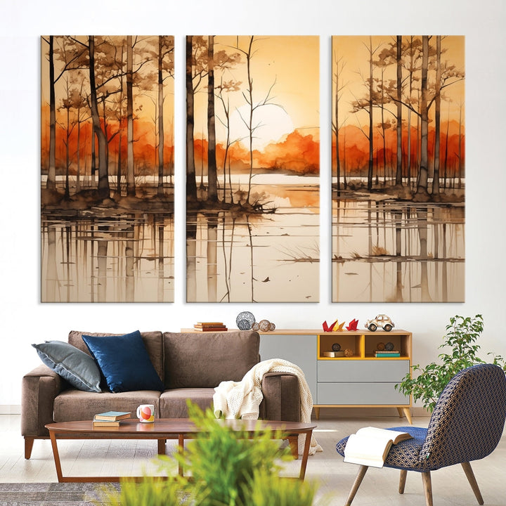 Serene Sunset Landscape Canvas Print Watercolor Painting Forest Nature Wall Art