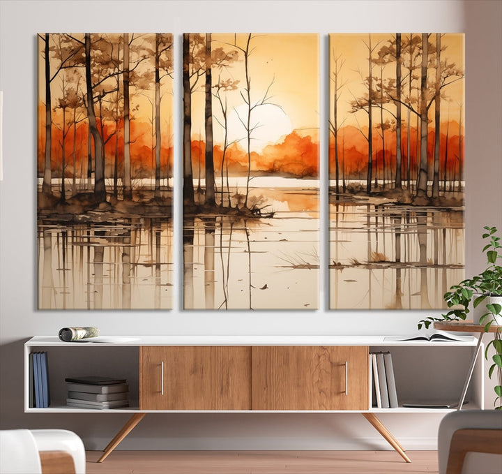 Serene Sunset Landscape Canvas Print Watercolor Painting Forest Nature Wall Art