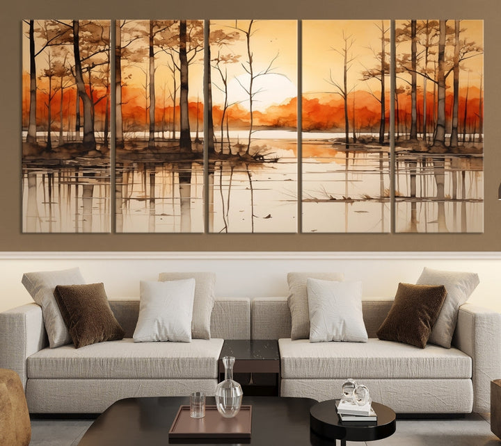 Serene Sunset Landscape Canvas Print Watercolor Painting Forest Nature Wall Art