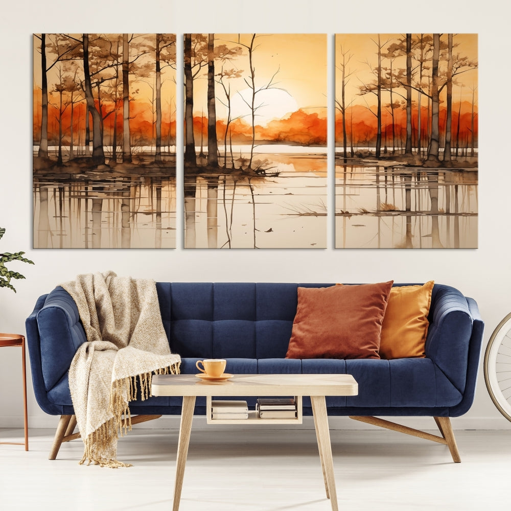 Serene Sunset Landscape Canvas Print Watercolor Painting Forest Nature Wall Art