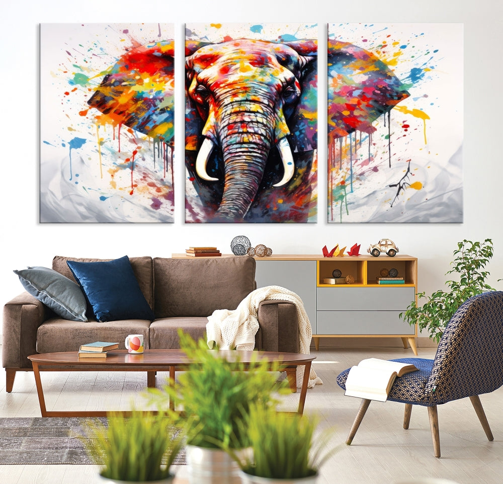 Set of Elephant Abstract Canvas Wall Art Print Framed Modern Artwork for Walls