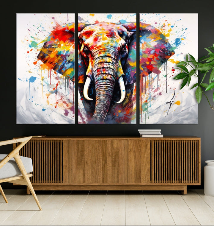 Set of Elephant Abstract Canvas Wall Art Print Framed Modern Artwork for Walls