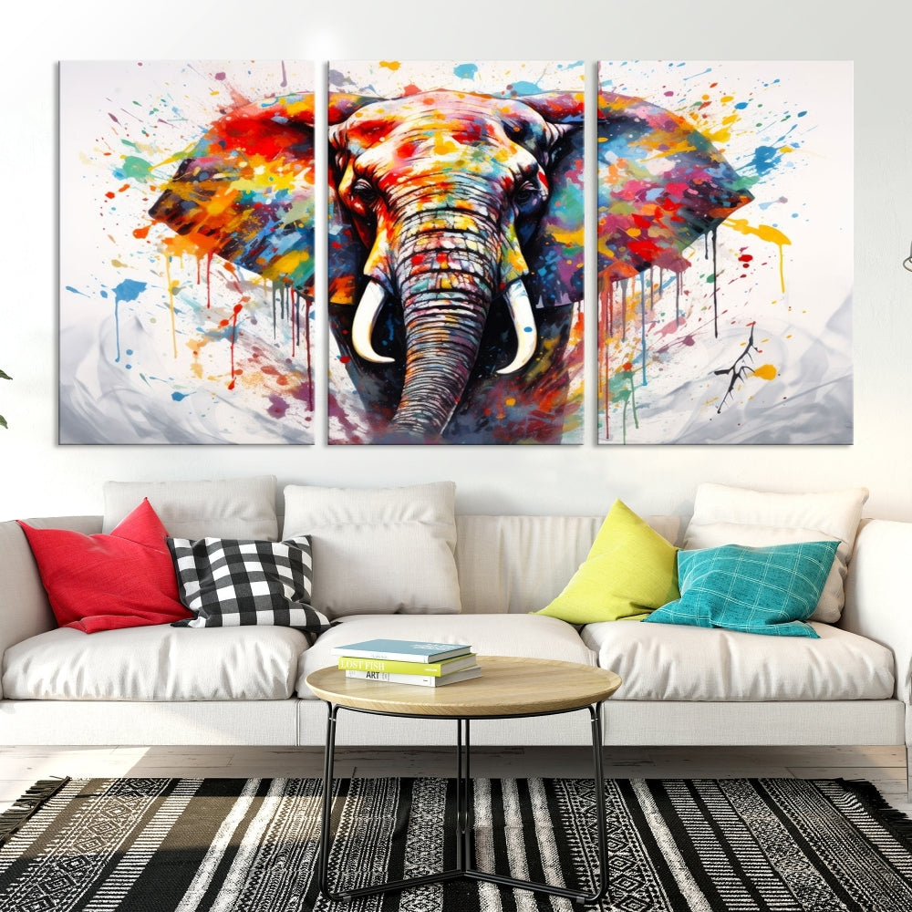 Set of Elephant Abstract Canvas Wall Art Print Framed Modern Artwork for Walls