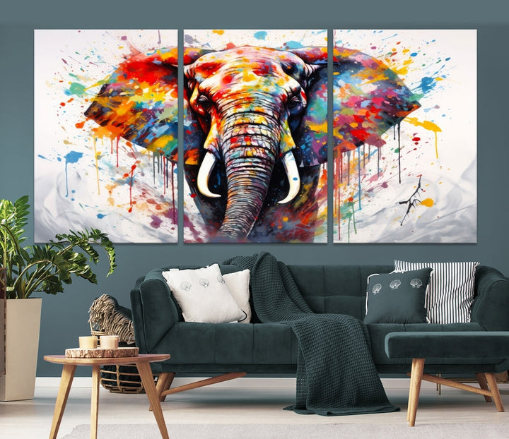 Set of Elephant Abstract Canvas Wall Art Print Framed Modern Artwork for Walls