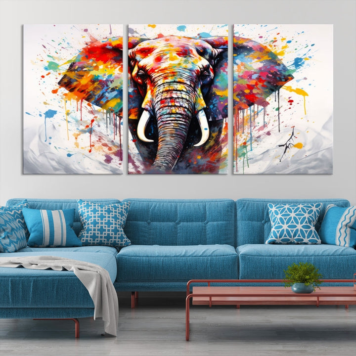 Set of Elephant Abstract Canvas Wall Art Print Framed Modern Artwork for Walls