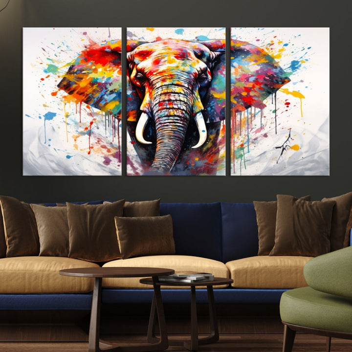 Set of Elephant Abstract Canvas Wall Art Print Framed Modern Artwork for Walls