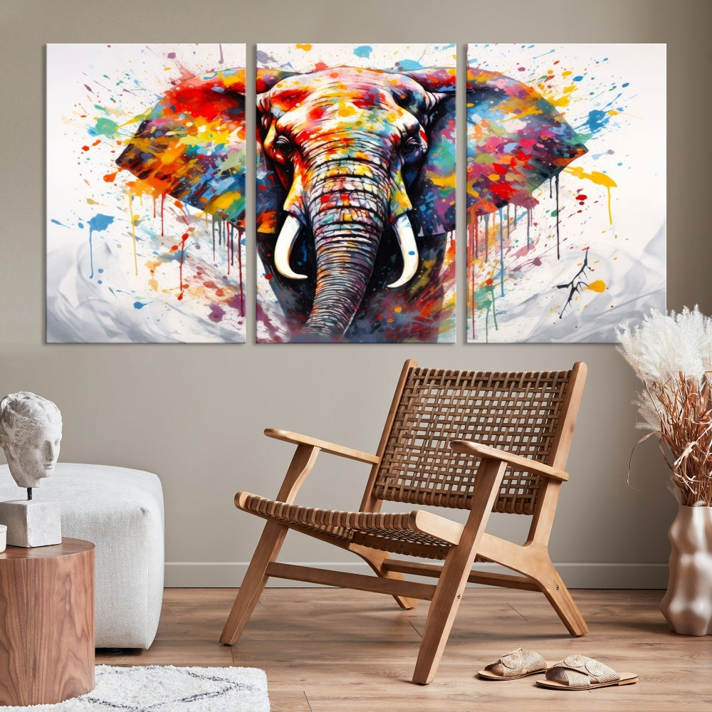 Set of Elephant Abstract Canvas Wall Art Print Framed Modern Artwork for Walls