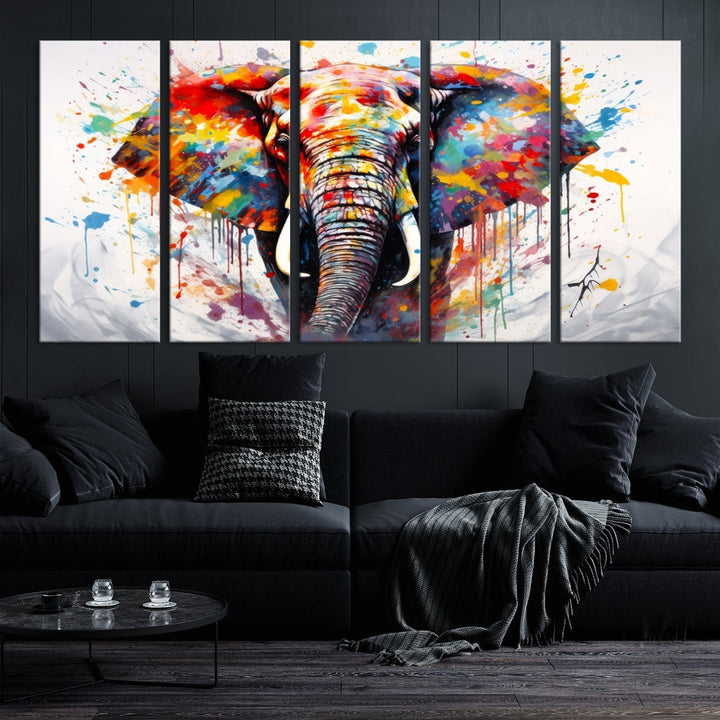 Set of Elephant Abstract Canvas Wall Art Print Framed Modern Artwork for Walls