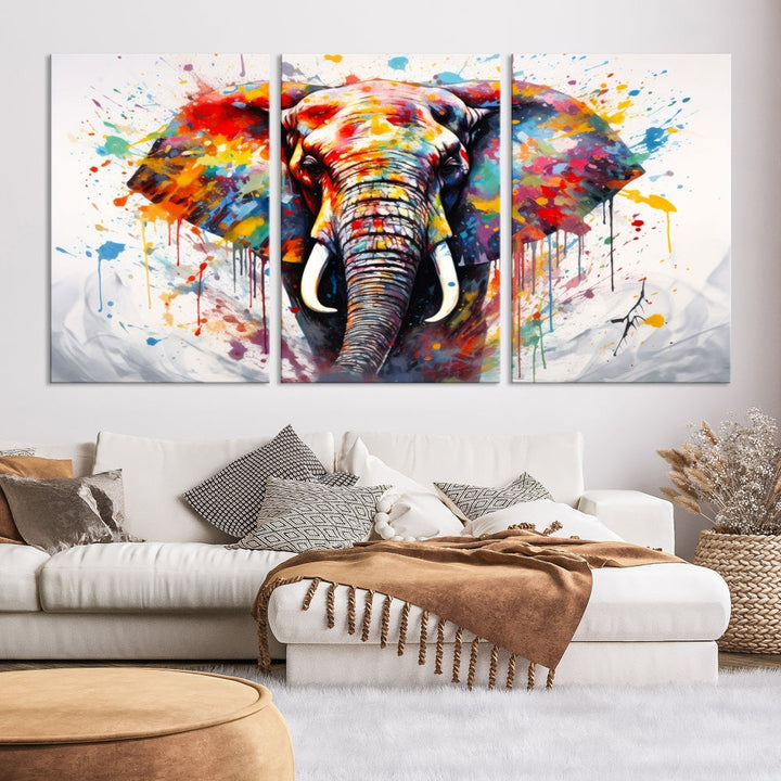 Set of Elephant Abstract Canvas Wall Art Print Framed Modern Artwork for Walls