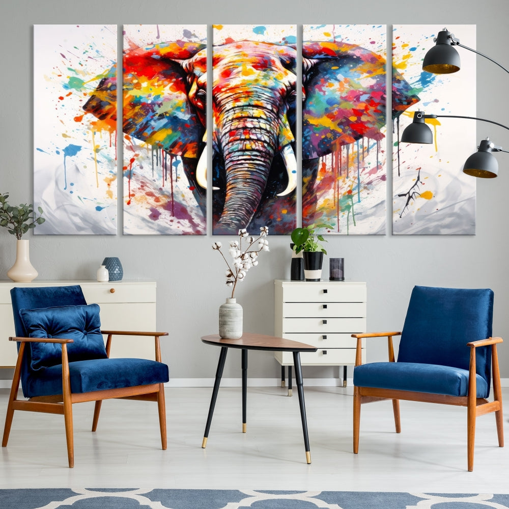 Set of Elephant Abstract Canvas Wall Art Print Framed Modern Artwork for Walls