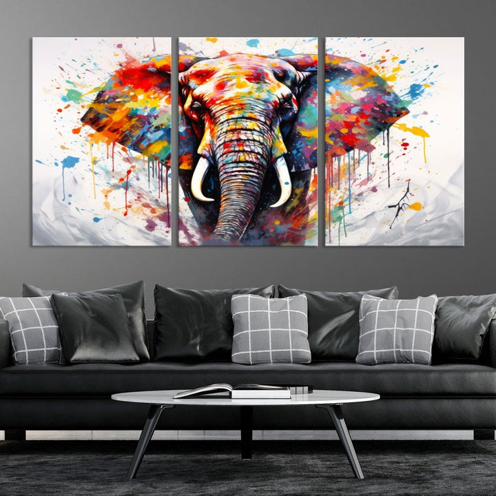 Set of Elephant Abstract Canvas Wall Art Print Framed Modern Artwork for Walls