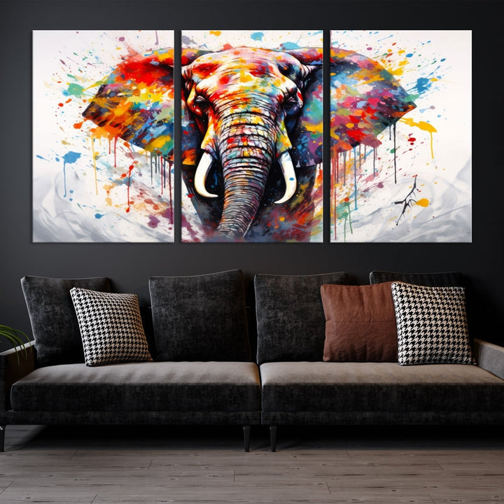 Set of Elephant Abstract Canvas Wall Art Print Framed Modern Artwork for Walls