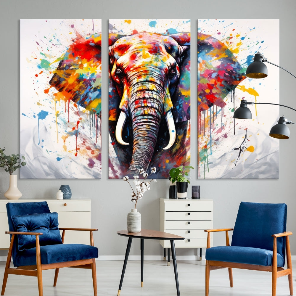 Set of Elephant Abstract Canvas Wall Art Print Framed Modern Artwork for Walls