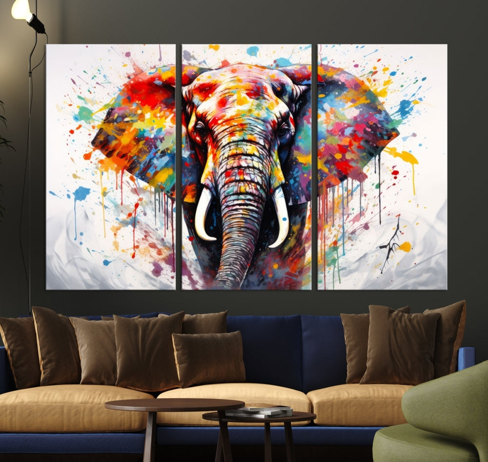 Set of Elephant Abstract Canvas Wall Art Print Framed Modern Artwork for Walls