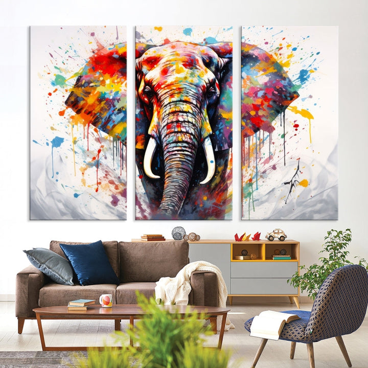 Set of Elephant Abstract Canvas Wall Art Print Framed Modern Artwork for Walls