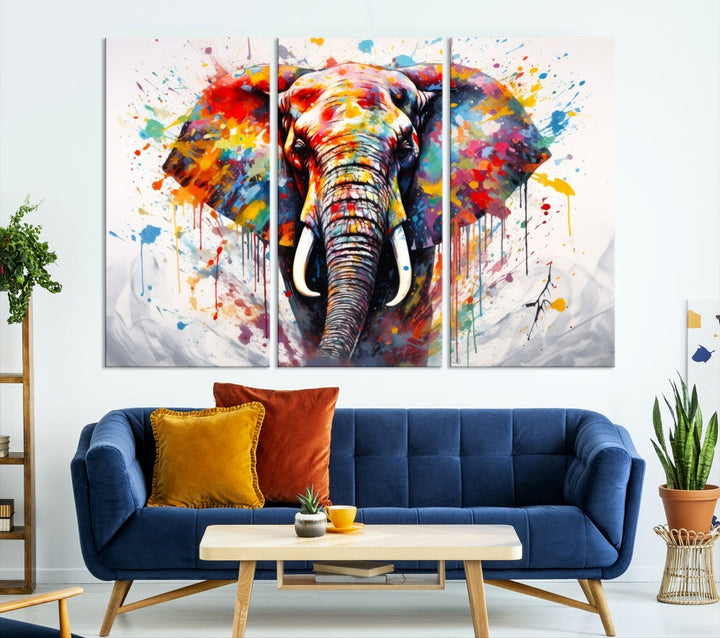 Set of Elephant Abstract Canvas Wall Art Print Framed Modern Artwork for Walls